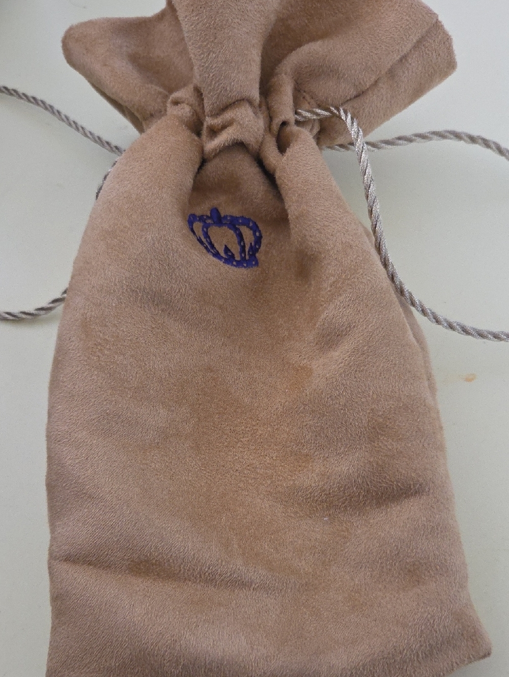 Suede Drawstring Pouch with Crown Logo - Taupe/Camel